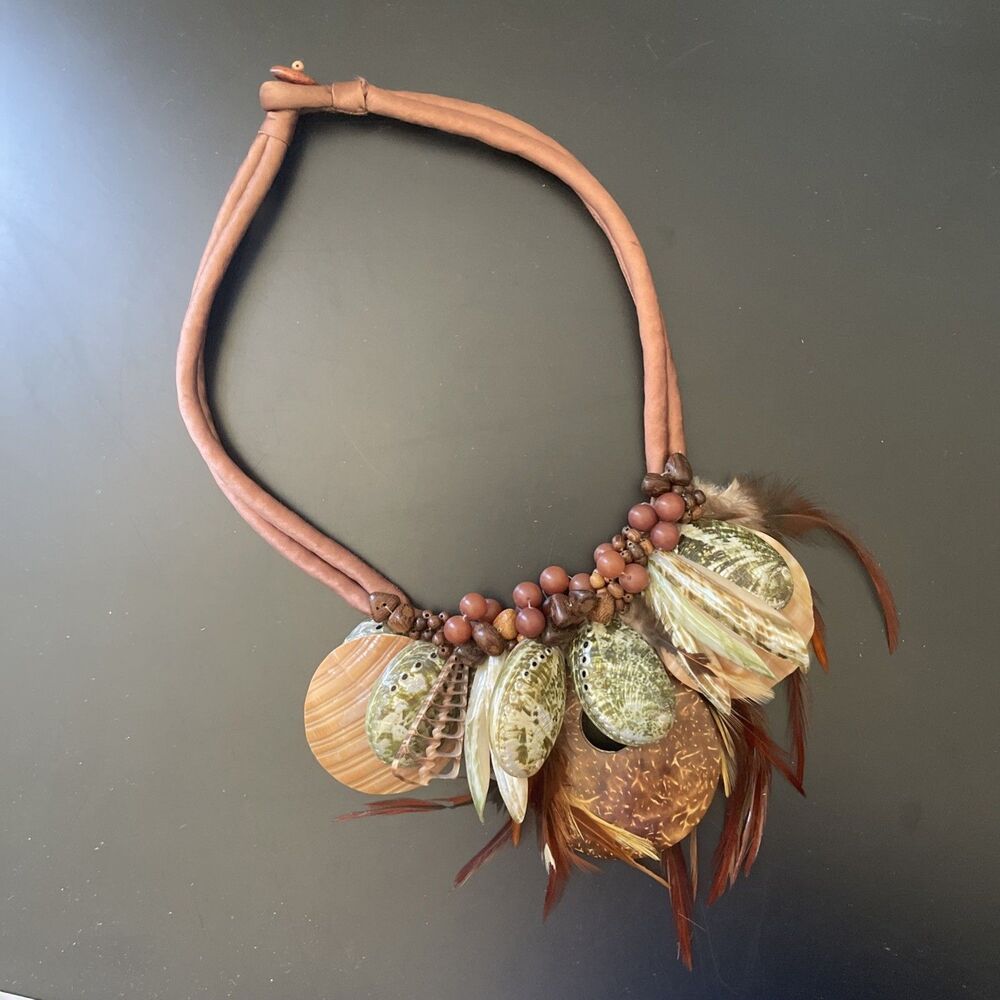 Shell Coral Bead‎ Feather Cloth Cord Necklace 18 Inch Hand Crafted Ocean Beach